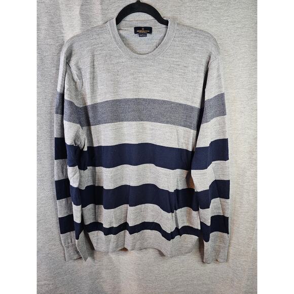 Brooks Brothers Extra Fine Merino Wool Crew Neck Sweater Sz LG Gray colorblock - Picture 1 of 6